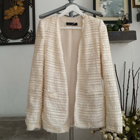 Zara Fantasy Cream Boucle Tweed Open Front Blazer - Picture 4 of 12